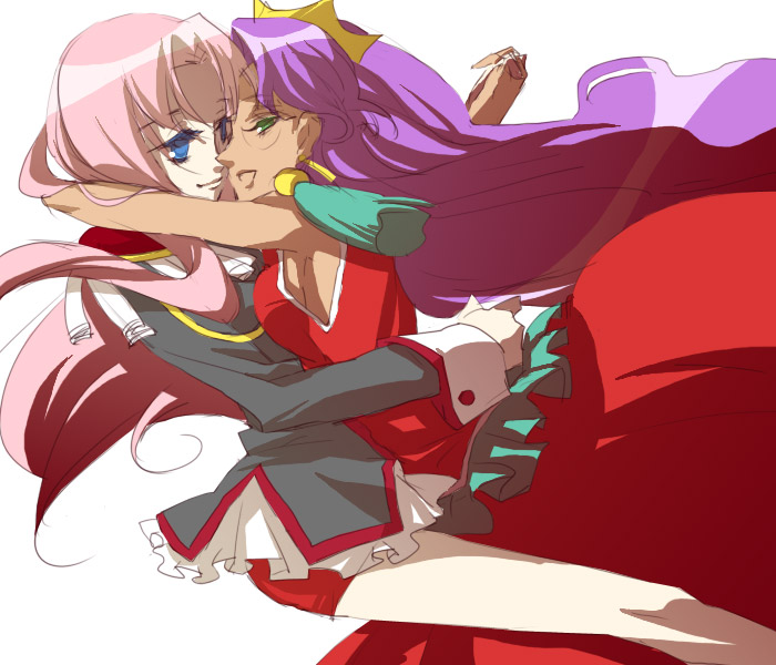 mgr (kougetsu), mgr (pixiv181904), himemiya anthy, tenjou utena, shoujo kakumei utena, uniform, 1990s (style), 2girls, blue eyes, breast press, breasts, couple, dress, epaulettes, glasses, green eyes, hug, long hair, medium breasts, multiple girls, pink hair, purple hair, very long hair, yuri