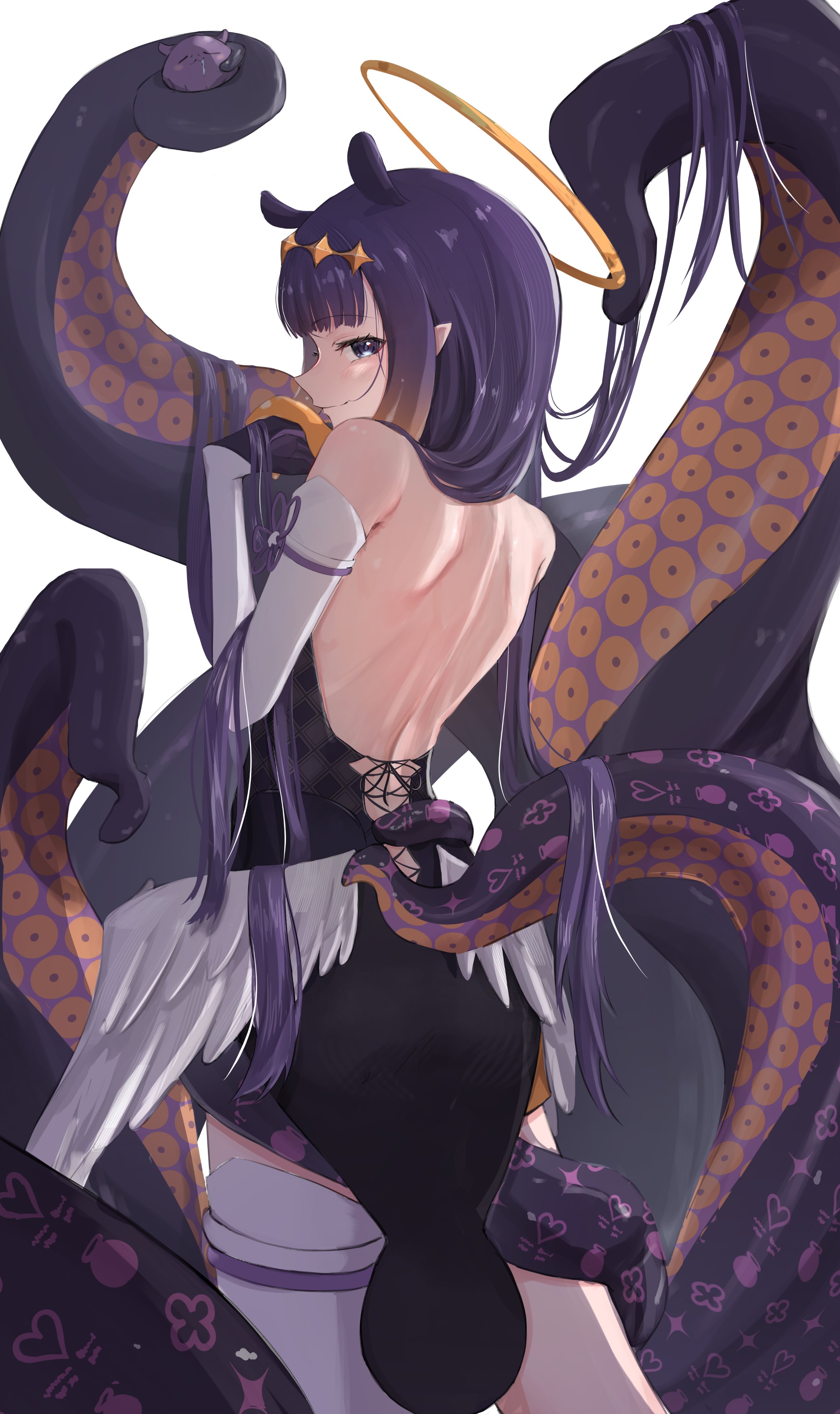 kyouraku, ninomae ina'nis, ninomae ina'nis (1st costume), hololive, hololive english, absurdres, hashtag-only commentary, highres, 1girl, backless dress, backless outfit, black dress, black gloves, blue eyes, detached sleeves, diamond hairband, dress, gloves, gradient hair, hairband, halo, ina's back (meme), long hair, low wings, median furrow, meme, multicolored hair, orange hair, orange hairband, orange halo, pointy ears, purple hair, single detached sleeve, solo, tentacle hair, tentacles, thighhighs, virtual youtuber, white sleeves, white thighhighs, white wings, wings