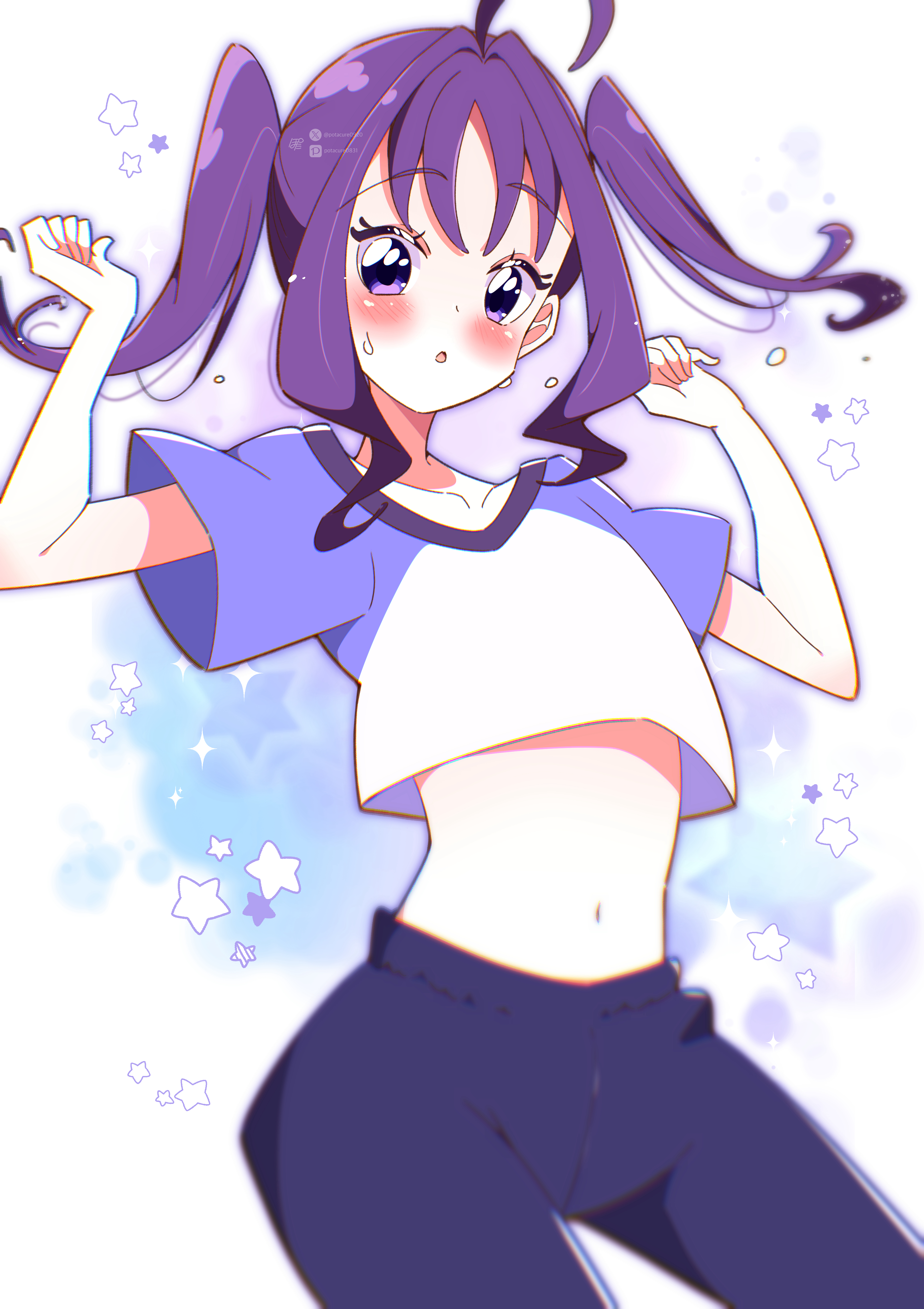 potacure, shigure kokoro, kimi to idol precure, precure, absurdres, commentary, highres, 1girl, ahoge, blue background, blush, collarbone, contrapposto, cowboy shot, cropped shirt, flying sweatdrops, gradient background, hair intakes, hands up, looking at viewer, medium hair, midriff, navel, pants, parted lips, pixiv logo, pixiv username, purple background, purple eyes, purple hair, purple pants, purple shirt, shirt, short sleeves, solo, star (symbol), star symbol background, stomach, sweat, twintails, twitter username, twitter x logo, white background