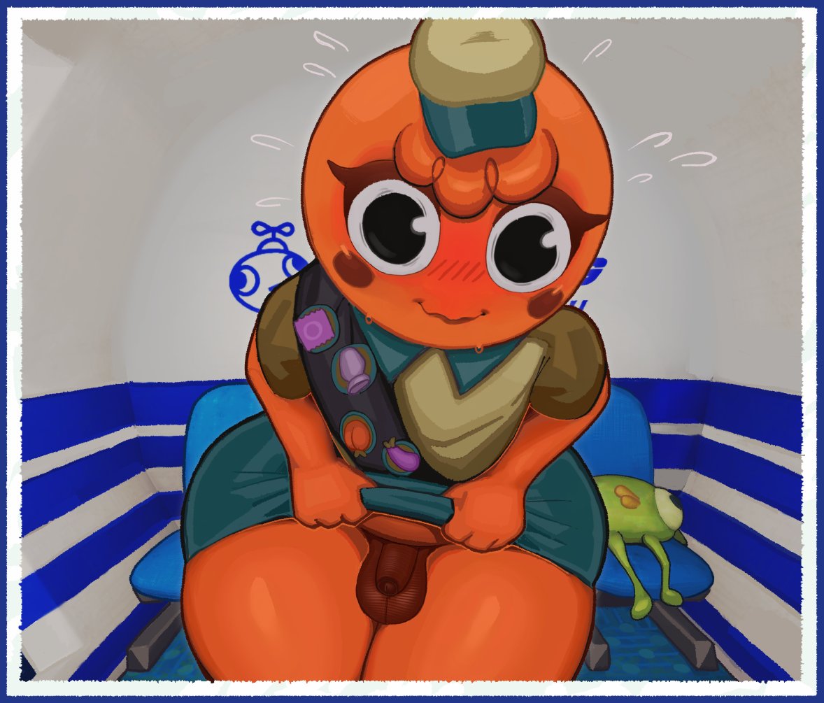 picturd, peak (game), 1boy, aqua dress, blush, clothes lift, dress, dress lift, looking at viewer, orange fur, penis, photobomb, solo, testicles, trap