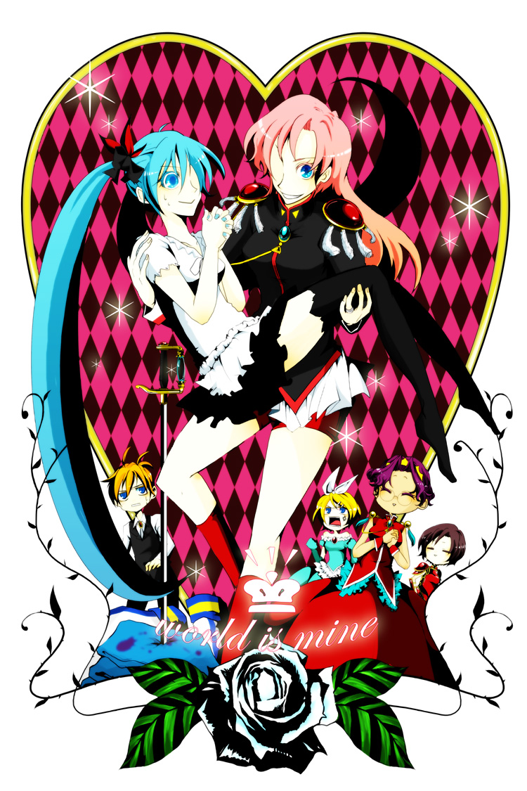 yutaka (108), yutaka (pixiv1004776), hatsune miku, himemiya anthy, kagamine len, kagamine rin, kaito (vocaloid), meiko (vocaloid), tenjou utena, shoujo kakumei utena, vocaloid, world is mine (vocaloid), uniform, bad id, bad pixiv id, 1990s (style), 1boy, 5girls, aiguillette, alternate costume, aqua hair, blonde hair, brown hair, crossover, dress, enmaided, flower, long hair, maid, multiple girls, pink hair, purple hair, retro artstyle, sword, very long hair, weapon, when you see it