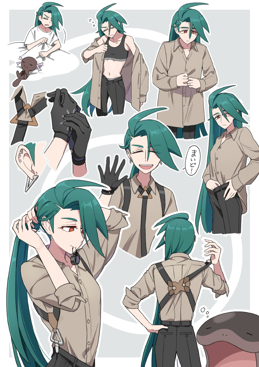 botamochi (exwelder), clodsire, rika (pokemon), wooper, nintendo, pokemon, pokemon sv, highres, 1girl, androgynous, black gloves, black necktie, black pants, black sports bra, border, bright pupils, brown shirt, collared shirt, earrings, gen 2 pokemon, gloves, green hair, grey background, jewelry, long hair, looking at viewer, multiple views, necktie, open mouth, pants, ponytail, putting on gloves, red eyes, reverse trap, shirt, simple background, solo focus, sports bra, squeans, standing, suspenders, triangle earrings, tying hair, upper body, waving, white border, white pupils, yawning