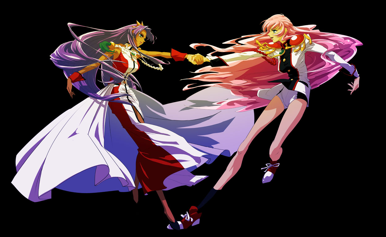 f (pixiv), fuji (artist), himemiya anthy, tenjou utena, shoujo kakumei utena, shoujo kakumei utena adolescence mokushiroku, uniform, 1990s (style), 2girls, aiguillette, blue eyes, green eyes, long hair, multiple girls, pink hair, purple hair, very long hair