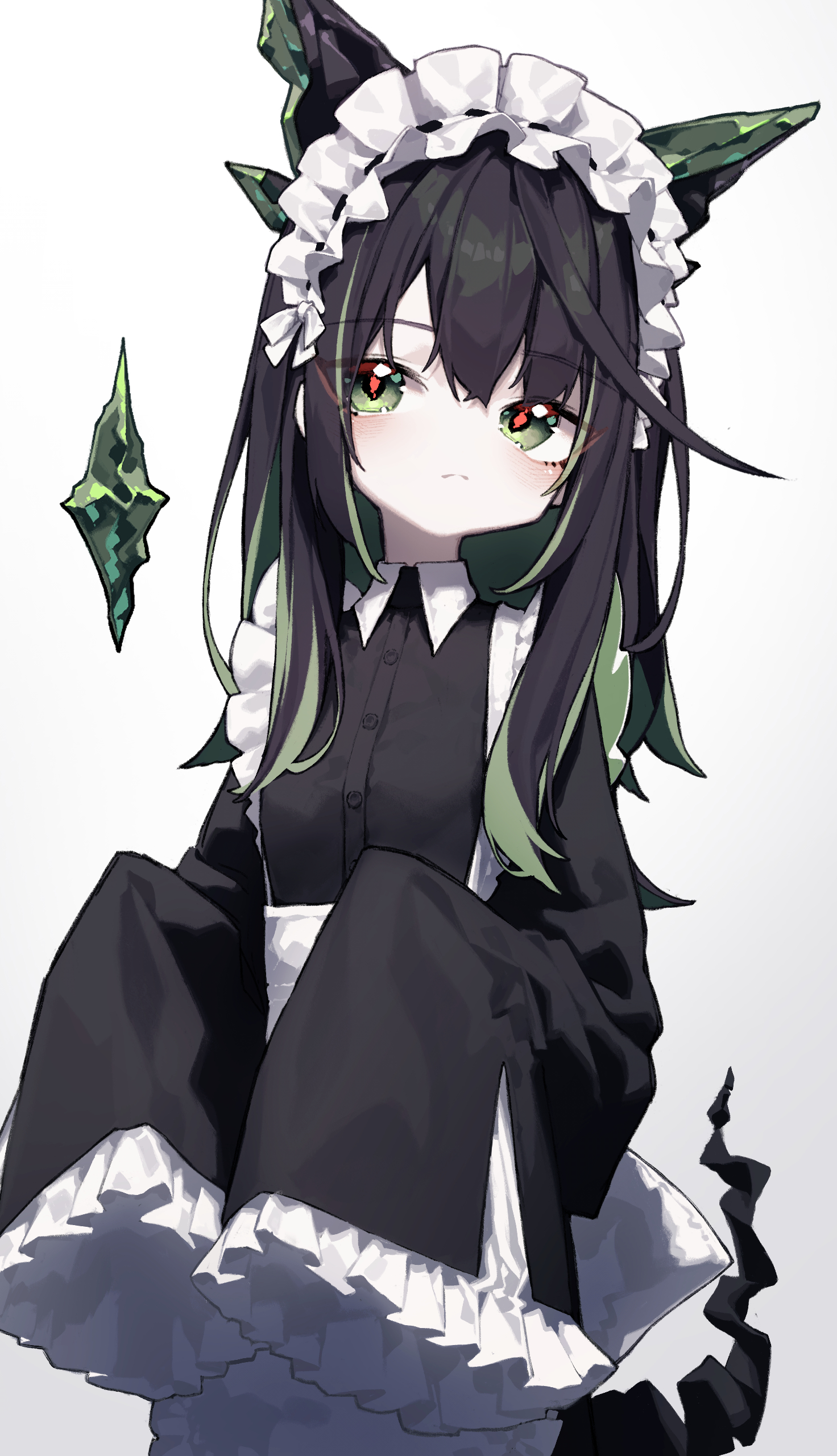 beudelb, mon3tr (arknights), arknights, absurdres, highres, 1girl, animal ears, apron, black dress, black hair, black tail, buttons, cat ears, closed mouth, crystal horns, dress, expressionless, facing viewer, fake animal ears, floating, floating object, frilled sleeves, frills, green eyes, green streaks, grey background, long hair, long sleeves, looking to the side, loose hair strand, maid apron, maid headdress, multicolored hair, originium (arknights), petite, red pupils, sidelocks, simple background, sleeves past fingers, sleeves past wrists, solo, split mouth, streaked hair, two-tone hair, upper body, waist apron, white apron, white background, white headdress, wide sleeves, wing collar