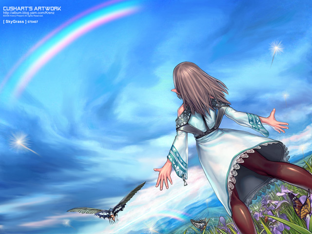 krenz, original, brown hair, bug, butterfly, dress, flower, insect, legs, long hair, pantyhose, pointy ears, rainbow, scenery, sky, solo