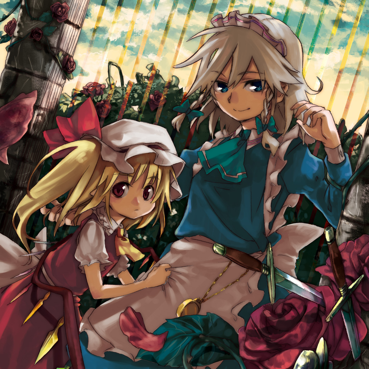 ask, takishima asaka, flandre scarlet, izayoi sakuya, embodiment of scarlet devil, touhou, silver hair, 2girls, blonde hair, blue eyes, female focus, flower, hairband, hat, knife, maid, multiple girls, nature, outdoors, plant, red eyes, ribbon, short hair, sky, throwing knife, weapon