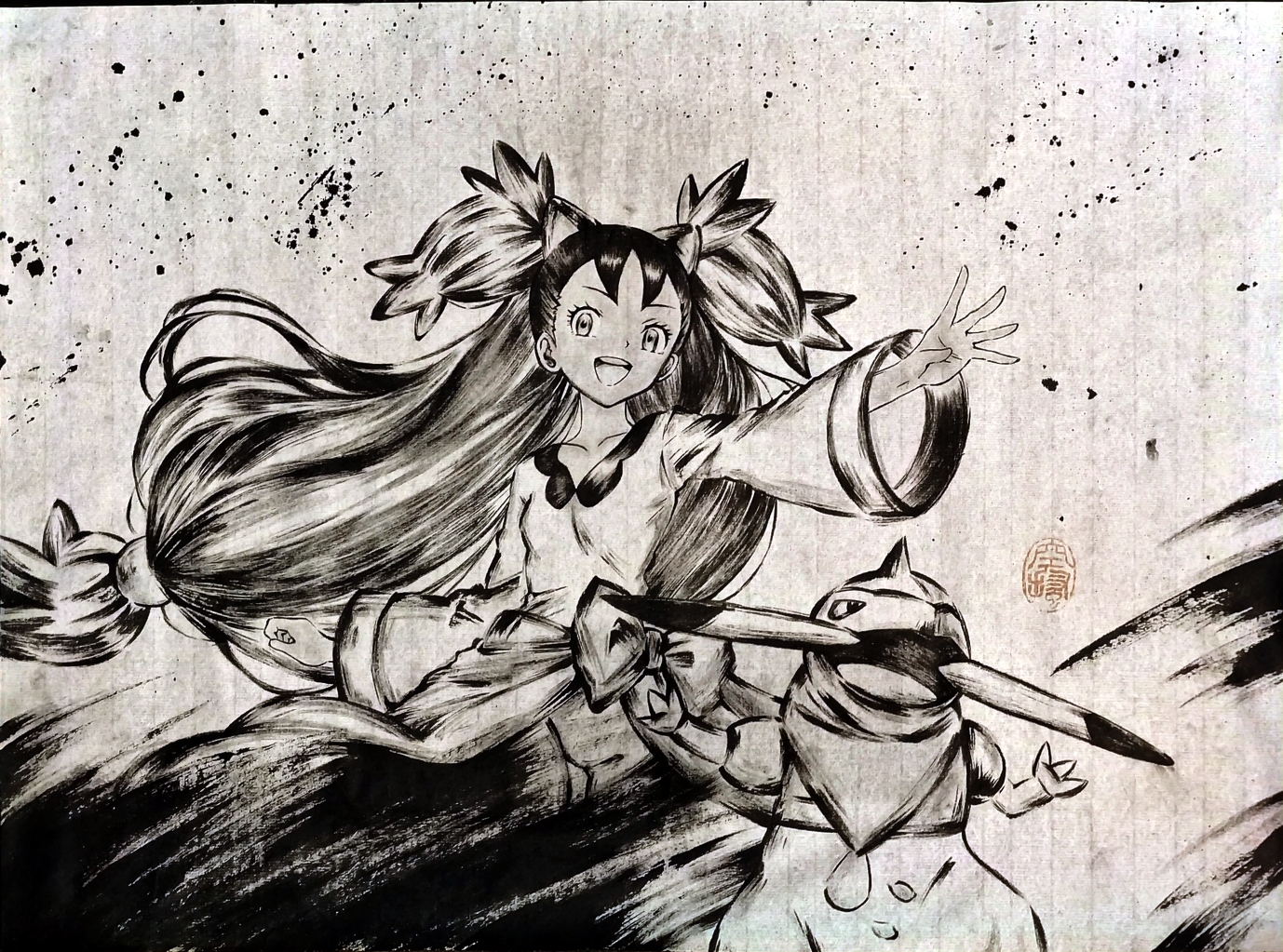 zenka (zenka90149), fraxure, iris (pokemon), nintendo, pokemon, pokemon bw, commentary request, traditional media, 1girl, eyelashes, gen 5 pokemon, ink wash painting, long hair, long sleeves, monochrome, open mouth, outstretched arm, pokemon (creature), smile, teeth, tusks, twintails, upper teeth only, very long hair