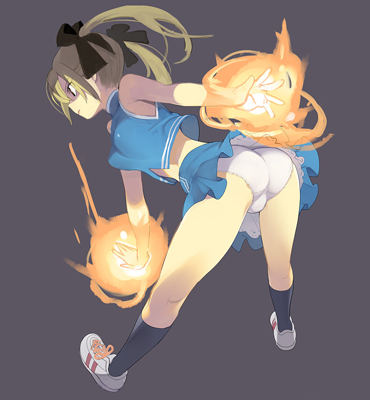 nora higuma, original, 1girl, ass, aura, bent over, blonde hair, cheerleader, female focus, fire, kneepits, panties, pantyshot, shoes, sneakers, solo, twintails, underwear