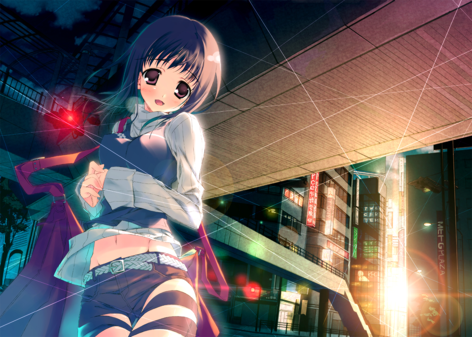 kagome (traumatize), itsuwa, toaru majutsu no index, toaru majutsu no index: old testament, highres, 00s, 1girl, female focus, lens flare, navel, purple eyes, purple hair, real world location, solo, tokyo (city)