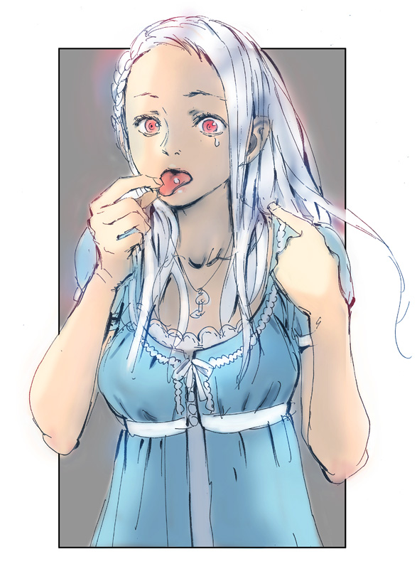 yasuda akira, original, bad id, bad pixiv id, braid, red eyes, simple background, solo, tears, tongue, white hair