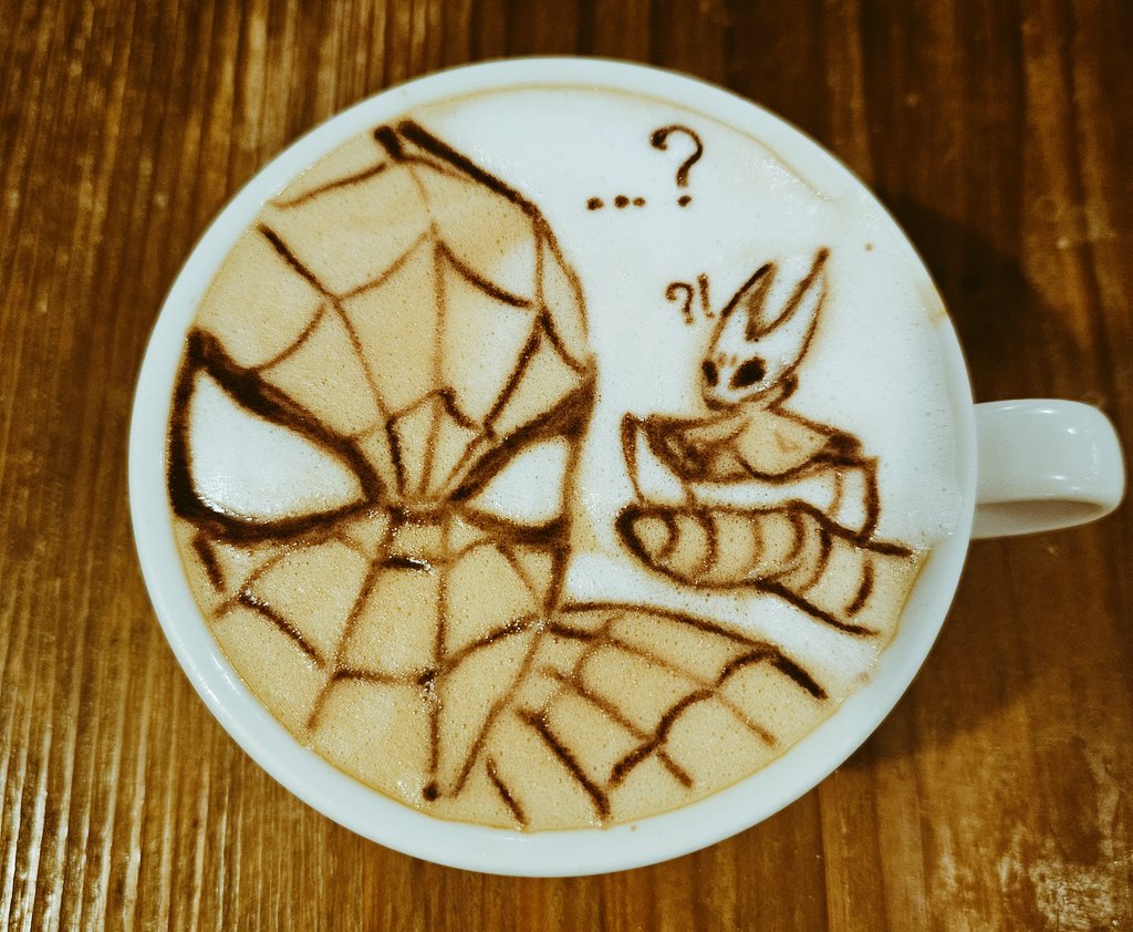 george (yamamoto kazuki), hornet (hollow knight), spider-man, hollow knight, hollow knight: silksong, marvel, spider-man (series), derivative work, food art (medium), latte art (medium), photo (medium), unconventional media, !?, 1boy, 1girl, arthropod girl, black eyes, black skin, bodysuit, cloak, colored skin, full body, hollow eyes, horned mask, mask, print bodysuit, spider web print, superhero costume, white mask