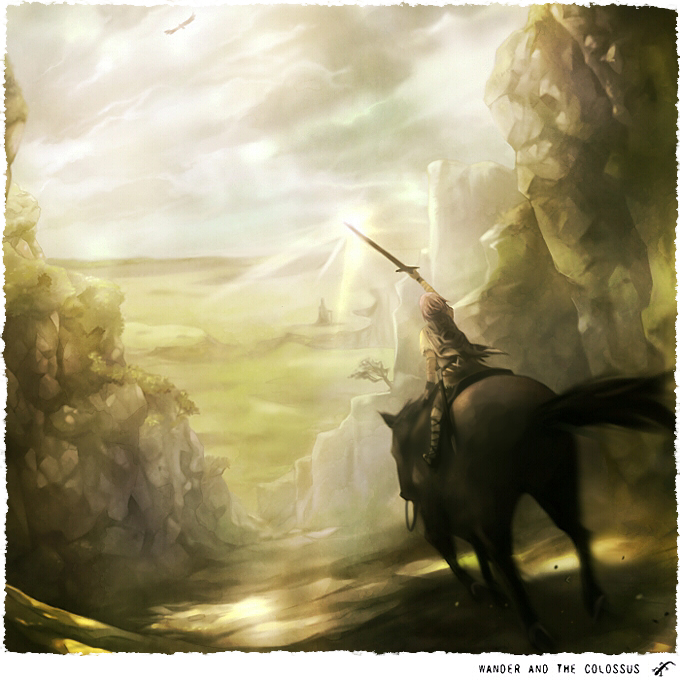 sui (petit comet), agro, wander (shadow of the colossus), shadow of the colossus, bad id, bad pixiv id, 1boy, bad anatomy, bird, bloom, cloud, day, game console, horse, landscape, male focus, playstation 2, solo, surcoat, sword, weapon