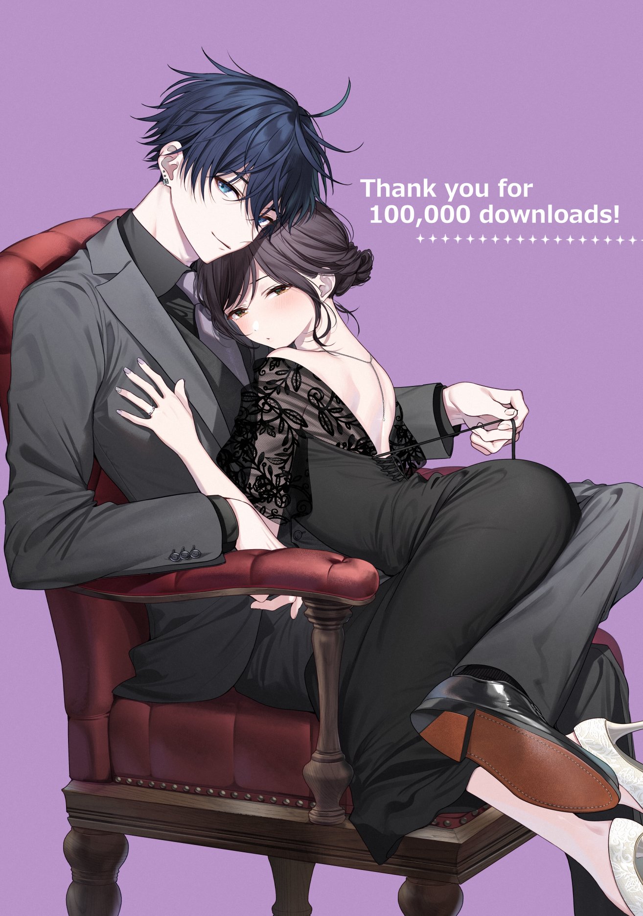 kyapefuro, original, commentary request, highres, 1boy, 1girl, back cutout, black dress, black hair, black shirt, black shoes, black suit, blue background, blue eyes, blue necktie, brown eyes, business suit, chair, clothing cutout, collared shirt, couple, cowlick, dress, earrings, english text, formal clothes, hetero, high heels, ichihara chihiro, jewelry, kajikawa saki, looking at viewer, lying on person, necktie, on chair, ring, sefri no ichihara ga nigashite kurenai, shirt, shoes, short hair, sitting, suit, wedding ring, white shoes