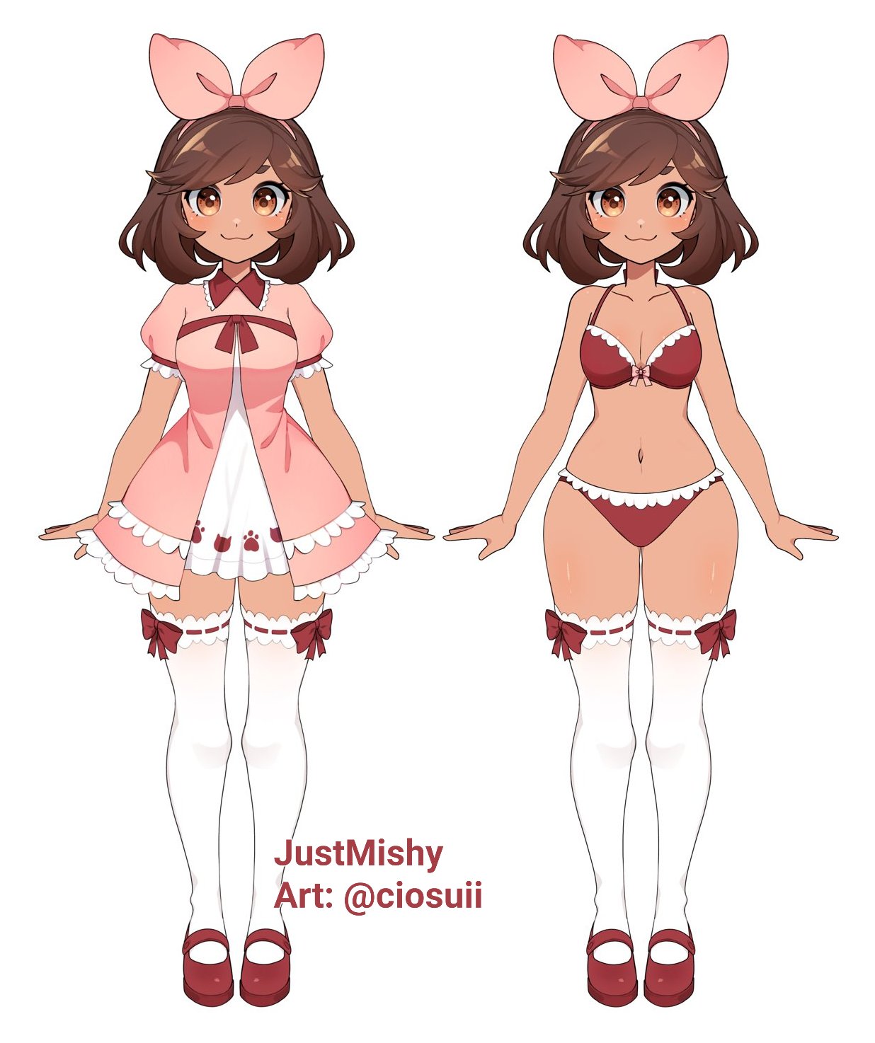 cio (ciosui), original, commentary, english commentary, highres, second-party source, 1girl, borrowed character, bra, breasts, brown bra, brown eyes, brown hair, brown panties, cleavage, dark-skinned female, dark skin, dress, eyebrows hidden by hair, hairband, medium breasts, medium hair, panties, pink dress, pink hairband, ribbon-trimmed thighhighs, ribbon trim, short dress, thighhighs, twitter username, underwear, white thighhighs, zettai ryouiki