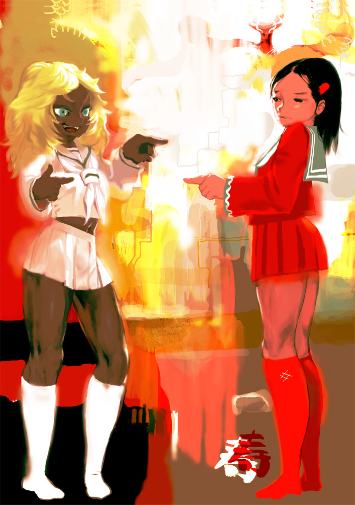 kawaguchi youhei, 2girls, black eyes, black hair, blonde hair, dark-skinned female, dark skin, multiple girls, skirt