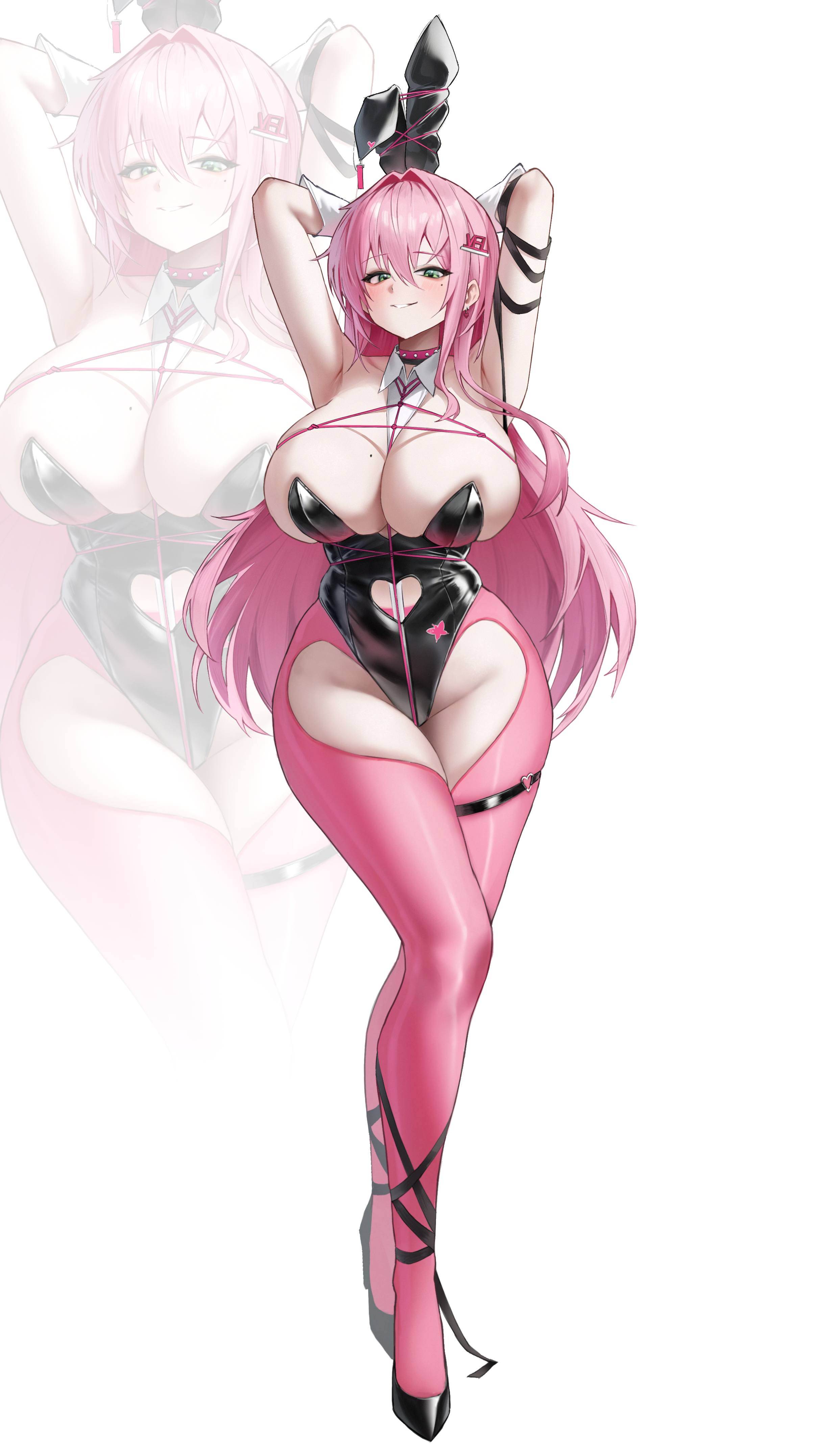 hundred0327, velvet (nikke), goddess of victory: nikke, absurdres, commentary, highres, 1girl, animal ear hairband, animal ears, arm warmers, armpits, arms behind head, arms up, bare shoulders, black leotard, black shoes, blush, breasts, choker, cleavage, clothing cutout, collarbone, crotchless, crotchless pantyhose, cutout above navel, detached collar, earrings, fake animal ears, full body, green eyes, hair between eyes, hair intakes, hair ornament, hairband, hairclip, heart cutout, high heels, jewelry, large breasts, leotard, long hair, looking at viewer, mole, mole on breast, mole under eye, pantyhose, parted lips, pink choker, pink hair, pink pantyhose, pink rope, playboy bunny, rabbit ear hairband, rabbit ears, rabbit girl, rope, shoes, sidelocks, skindentation, smile, solo, spiked choker, spikes, standing, thigh strap, undersized breast cup, white background, zoom layer