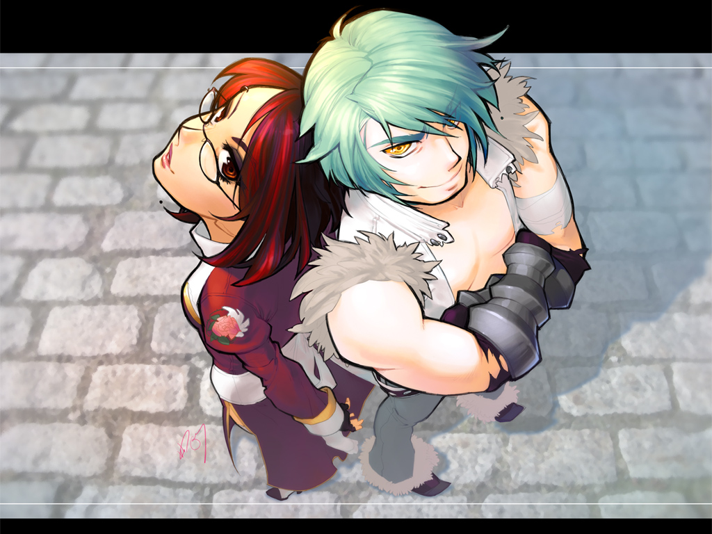 barachan, high priest (ragnarok online), whitesmith (ragnarok online), ragnarok online, bad id, bad pixiv id, 1boy, 1girl, couple, fictional persona, glasses, green hair, hetero, red eyes, red hair, self-portrait, yellow eyes