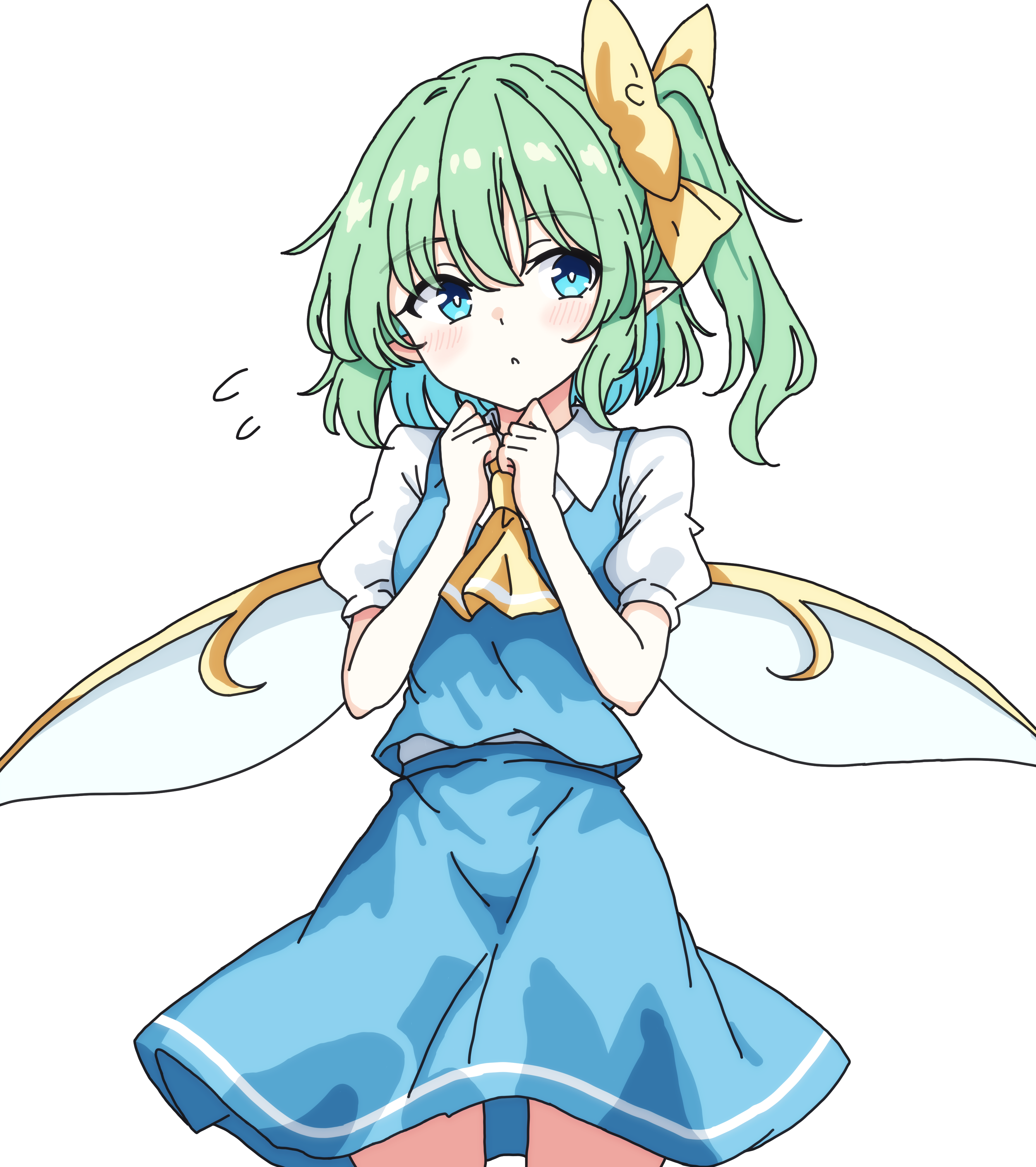 pioartstuff, daiyousei, touhou, absurdres, commentary request, highres, 1girl, ascot, blue eyes, blue skirt, blue vest, blush, bow, collared shirt, cowboy shot, fairy, fairy wings, flying sweatdrops, green hair, hair bow, one side up, pointy ears, puffy short sleeves, puffy sleeves, shirt, short sleeves, skirt, skirt set, solo, transparent background, vest, white shirt, wings, yellow ascot, yellow bow