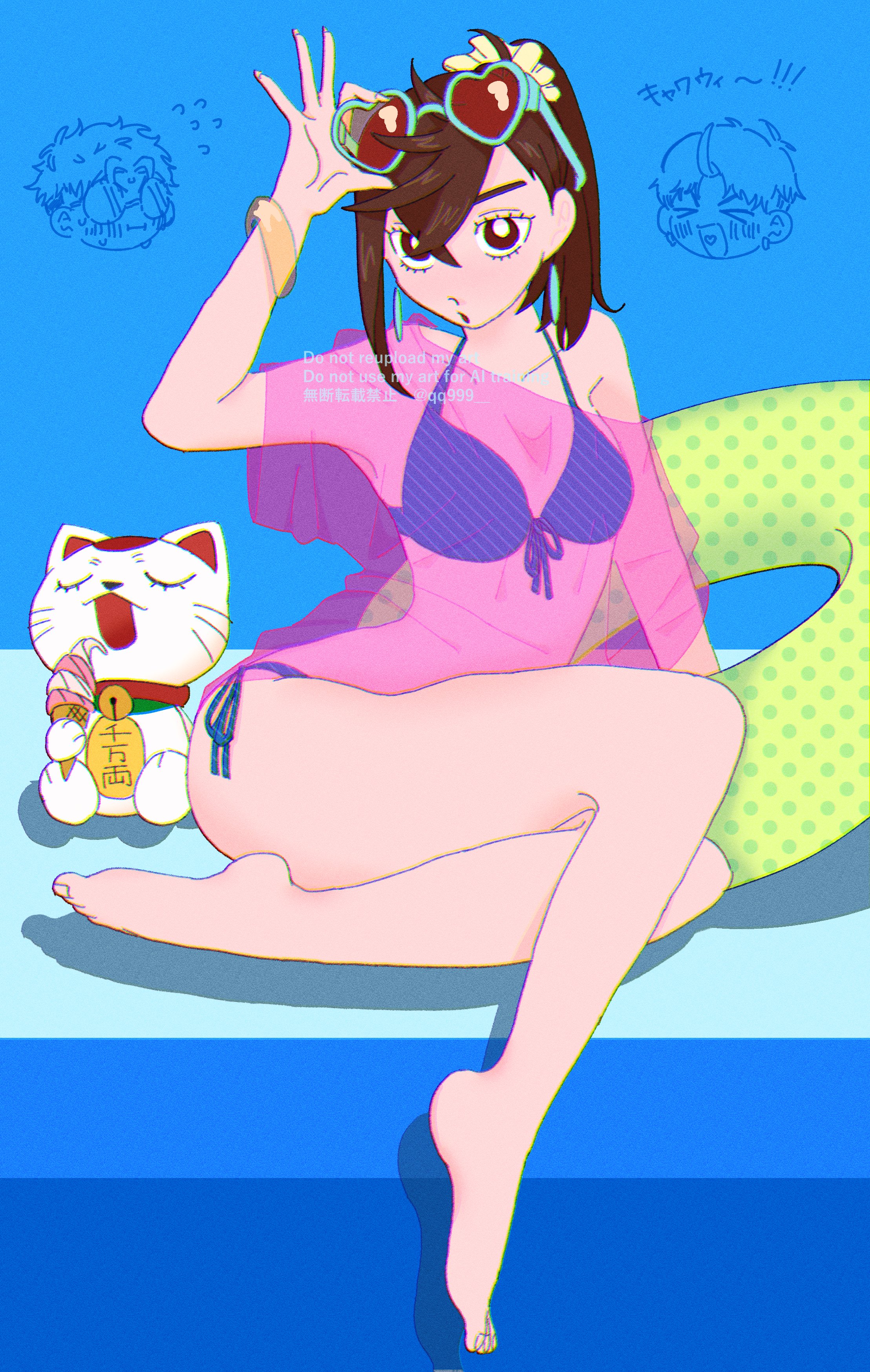 ayase momo, enjoji jin, takakura ken (dandadan), turbo granny (dandadan), dandadan, absurdres, highres, > <, 2boys, 2girls, bare legs, barefoot, bikini, blue-framed eyewear, blue background, blue bikini, blush, bracelet, breasts, brown eyes, brown hair, collarbone, cropped head, earrings, feet, floating earrings, flying sweatdrops, front-tie bikini top, front-tie top, full body, hair between eyes, hair ornament, hair scrunchie, halterneck, hand up, heart, heart-shaped eyewear, heart in mouth, high ponytail, holding, holding ice cream cone, holding removed eyewear, ice cream cone, jewelry, legs, looking at viewer, maneki-neko, multiple boys, multiple girls, nervous sweating, parted lips, pink shirt, ponytail, qq999, scrunchie, see-through clothes, see-through shirt, shirt, short hair, side-tie bikini bottom, simple background, single bare shoulder, single sidelock, sitting, small breasts, sunglasses, sweat, swim ring, swimsuit, thighs, twitter username, unworn eyewear, yellow scrunchie, yokozuwari
