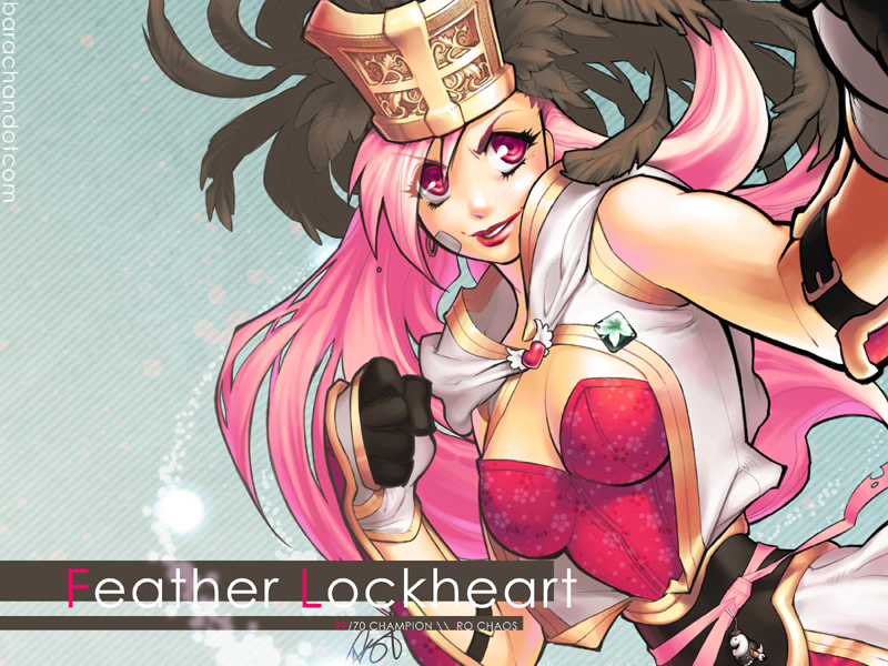 barachan, champion (ragnarok online), orc hero, ragnarok online, 1girl, breasts, clenched hand, feathers, female focus, gloves, hat, lipstick, long hair, makeup, pink eyes, pink hair, solo