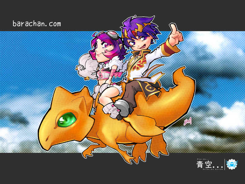 barachan, high priest (ragnarok online), ragnarok online, sniper, bad id, bad pixiv id, 1boy, 1girl, day, fictional persona, flying, monster, self-portrait, sky
