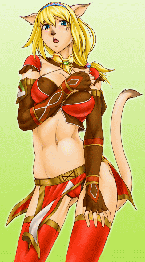 doku sasori, gochou (kedama), mithra (ff11), final fantasy, final fantasy xi, 00s, 1girl, animal ears, bikini, blonde hair, blue eyes, breasts, cameltoe, cat ears, cat tail, cleavage, elbow gloves, female focus, gloves, large breasts, loincloth, long hair, navel, open mouth, panties, solo, swimsuit, tail, thighhighs, underwear