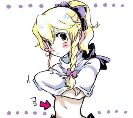 chigo, kirisame marisa, touhou, lowres, 1girl, alternate hairstyle, blonde hair, blush, braid, breasts, female focus, midriff, ponytail, side braid, small breasts, solo, underboob, undressing