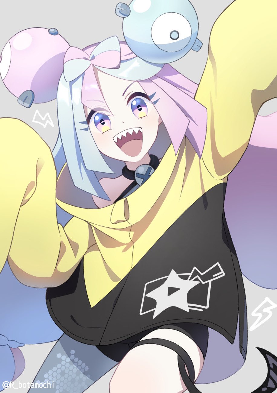 botamochi (exwelder), iono (pokemon), nintendo, pokemon, pokemon sv, highres, 1girl, :d, arm up, blue hair, bow-shaped hair, character hair ornament, fake hair bun, grey background, hair ornament, halter shirt, halterneck, hexagon print, jacket, long hair, long sleeves, looking at viewer, multicolored hair, open mouth, pink hair, purple eyes, sharp teeth, simple background, single leg pantyhose, sleeves past fingers, sleeves past wrists, smile, solo, split-color hair, standing, teeth, two-tone hair, upper body, x (symbol), yellow jacket