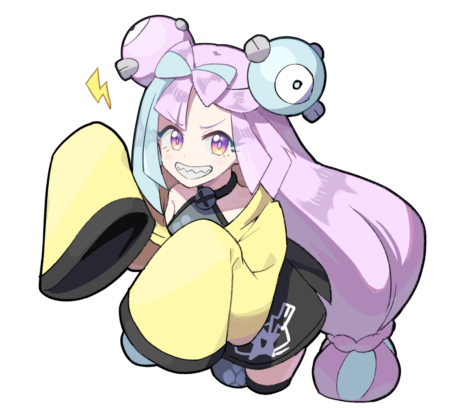 botamochi (exwelder), iono (pokemon), nintendo, pokemon, pokemon sv, highres, 1girl, blue hair, bow-shaped hair, character hair ornament, grey pantyhose, grin, hair ornament, halter shirt, halterneck, hexagon print, jacket, long hair, long sleeves, looking at viewer, low-tied long hair, multicolored hair, pantyhose, pink hair, sharp teeth, simple background, single leg pantyhose, sleeves past fingers, sleeves past wrists, smile, solo, split-color hair, standing, teeth, two-tone hair, upper body, white background, x (symbol), yellow jacket