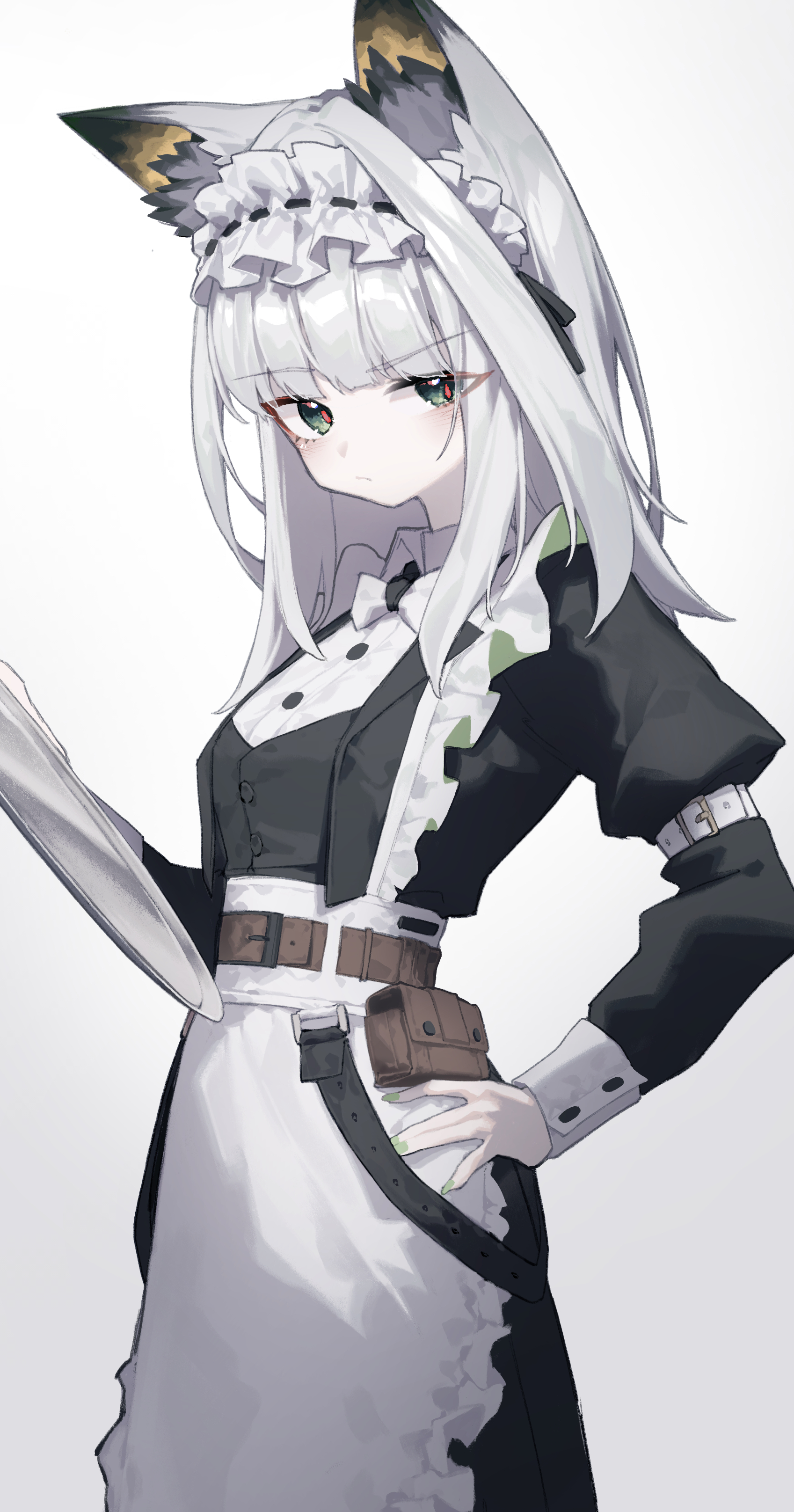 beudelb, kal'tsit (arknights), kal'tsit (the remains of time) (arknights), arknights, absurdres, highres, 1girl, :/, animal ear fluff, animal ears, apron, belt, belt pouch, black dress, black jacket, blunt bangs, bow, bowtie, brown belt, buttons, cat ears, cat girl, closed mouth, collared shirt, cowboy shot, cropped jacket, dress, frilled apron, frills, green eyes, green nails, grey background, hair intakes, hand on own hip, holding, holding tray, jacket, juliet sleeves, long sleeves, looking at viewer, maid, maid apron, maid headdress, medium hair, nail polish, open clothes, open jacket, petite, pouch, puffy sleeves, raised eyebrows, red pupils, shirt, sidelocks, simple background, sleeve cuffs, sleeve garter, solo, standing, traditional bowtie, tray, uneven eyes, waist apron, white apron, white background, white bow, white bowtie, white hair, white headdress, white shirt, wing collar