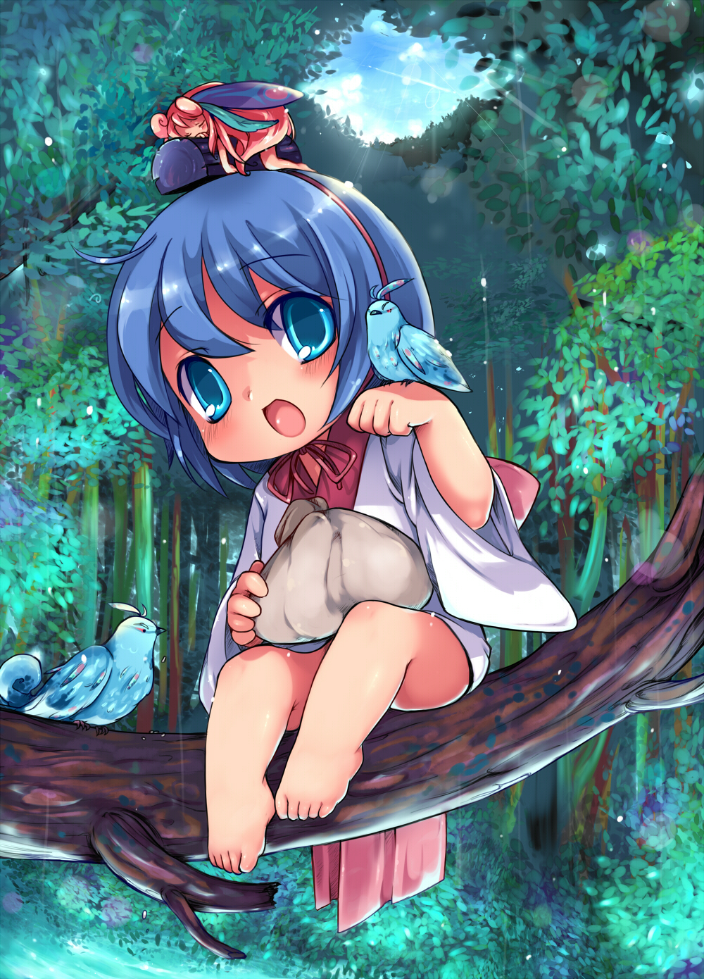kumuiutabito, binchou-tan (character), fairy (breath of fire), binchou-tan, breath of fire, bad id, bad pixiv id, highres, 00s, 2girls, barefoot, bird, bird on hand, blue eyes, blue hair, blush, fairy, japanese clothes, multiple girls