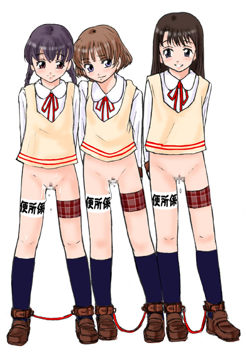 mayonnaise (ringo gakuen), blue legwear, translated, 3girls, arms behind back, blue eyes, body writing, bottomless, brown hair, censored, cuffs, cum, cum in pussy, cumdrip, dripping, happy, loli, long hair, mayonnaise, multiple girls, purple hair, pussy, pussy juice, red eyes, school uniform, shackles, shoes, short hair, simple background, slave, smile, socks, standing, twintails