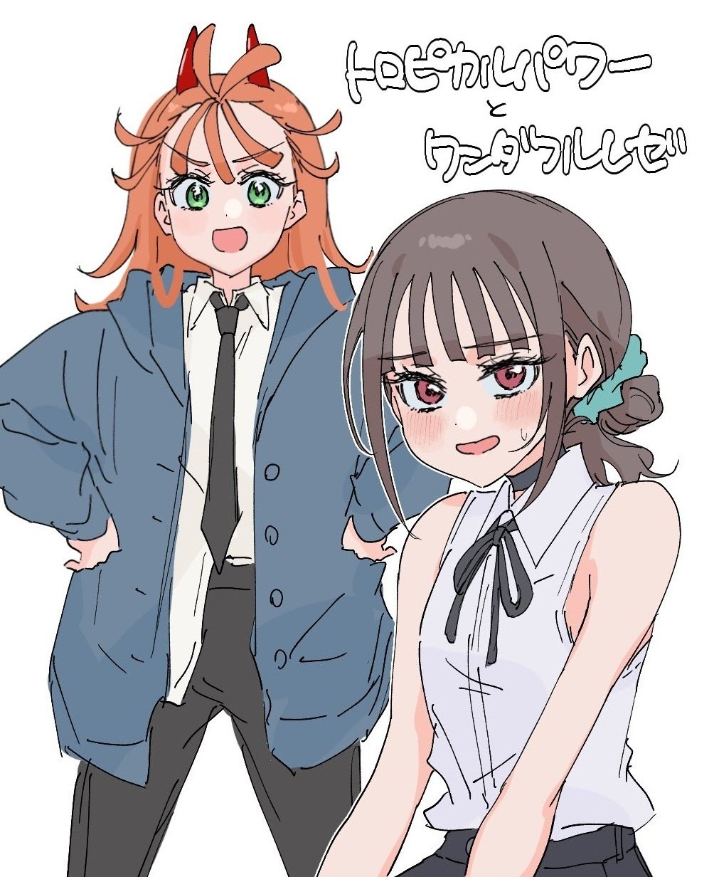 lemonade cn, natsuumi manatsu, nekoyashiki mayu, power (chainsaw man), reze (chainsaw man), chainsaw man, precure, tropical-rouge! precure, wonderful precure!, commentary request, highres, translation request, 2girls, aqua scrunchie, black choker, black necktie, black ribbon, black shorts, blue jacket, blunt bangs, blush, choker, collared shirt, cosplay, green eyes, hair bun, hair ornament, hair scrunchie, horns, jacket, looking at viewer, multiple girls, necktie, open mouth, orange hair, oversized clothes, oversized jacket, power (chainsaw man) (cosplay), red eyes, red horns, reze (chainsaw man) (cosplay), ribbon, scrunchie, shirt, shorts, sleeveless, sleeveless shirt, voice actor connection, white background, white shirt