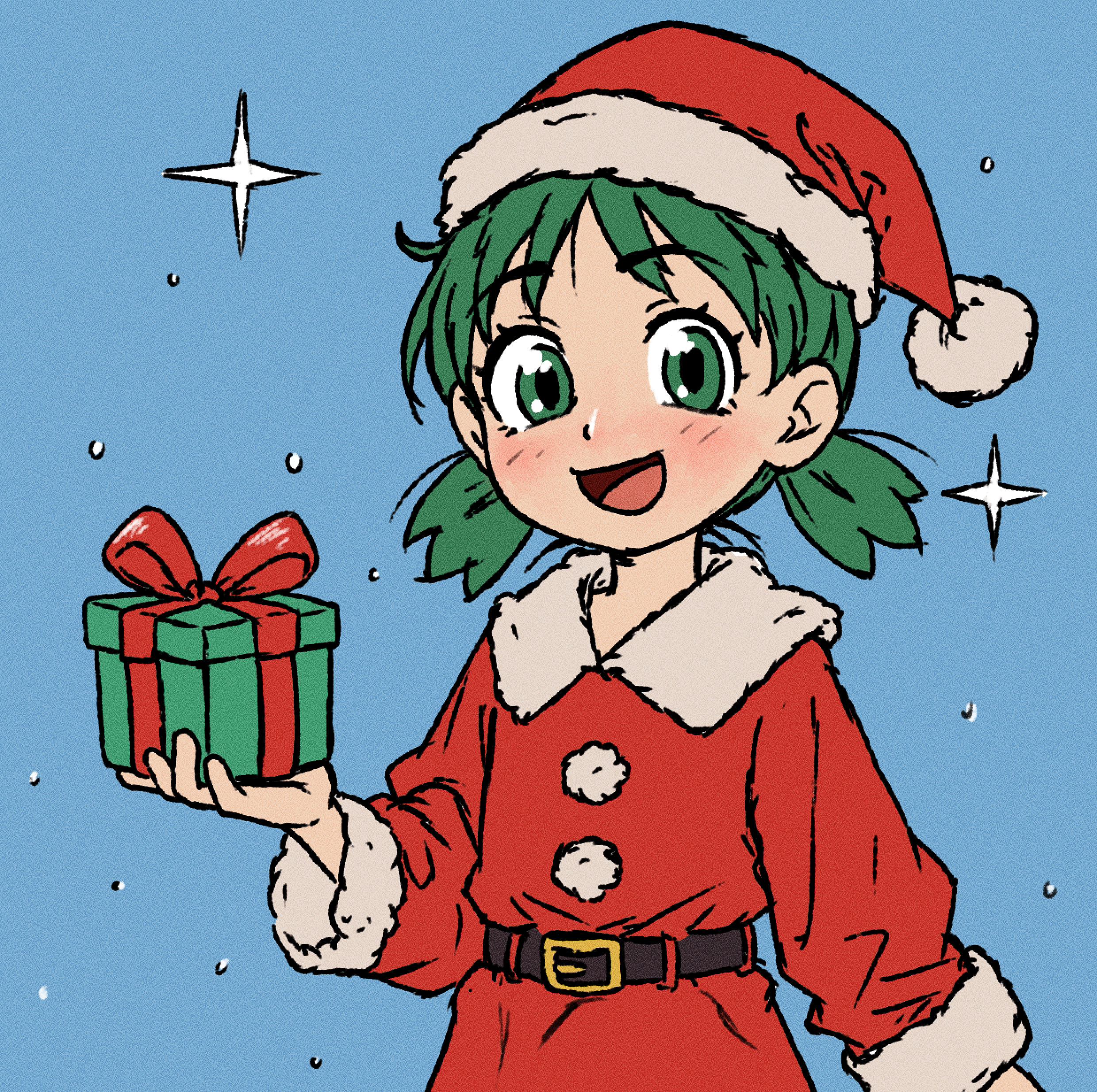 beachepisode, koiwai yotsuba, yotsubato!, absurdres, highres, 1girl, arm at side, belt, belt buckle, black belt, blush, bow, box, buckle, coat, cowlick, film grain, fur trim, gift, gift box, green eyes, green hair, hand up, hat, holding, holding gift, long sleeves, looking at viewer, low twintails, merry christmas, open mouth, outdoors, red bow, red coat, red hat, santa costume, santa hat, short twintails, smile, snow, solo, sparkle, straight hair, twintails