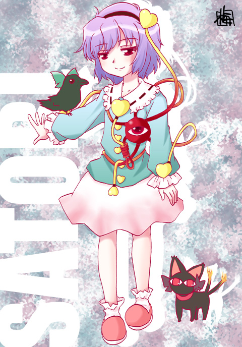 kairakuen umenoka, kaenbyou rin, kaenbyou rin (cat), komeiji satori, reiuji utsuho, reiuji utsuho (bird), touhou, eyebrows, multicolored background, 1girl, animal ears, bird, bow, cat, cat ears, cat tail, character name, eyeball, female focus, frilled sleeves, frills, hairband, heart, long sleeves, multiple tails, nekomata, outstretched arm, pink skirt, purple hair, red eyes, shoes, short hair, skirt, smile, socks, tail, third eye