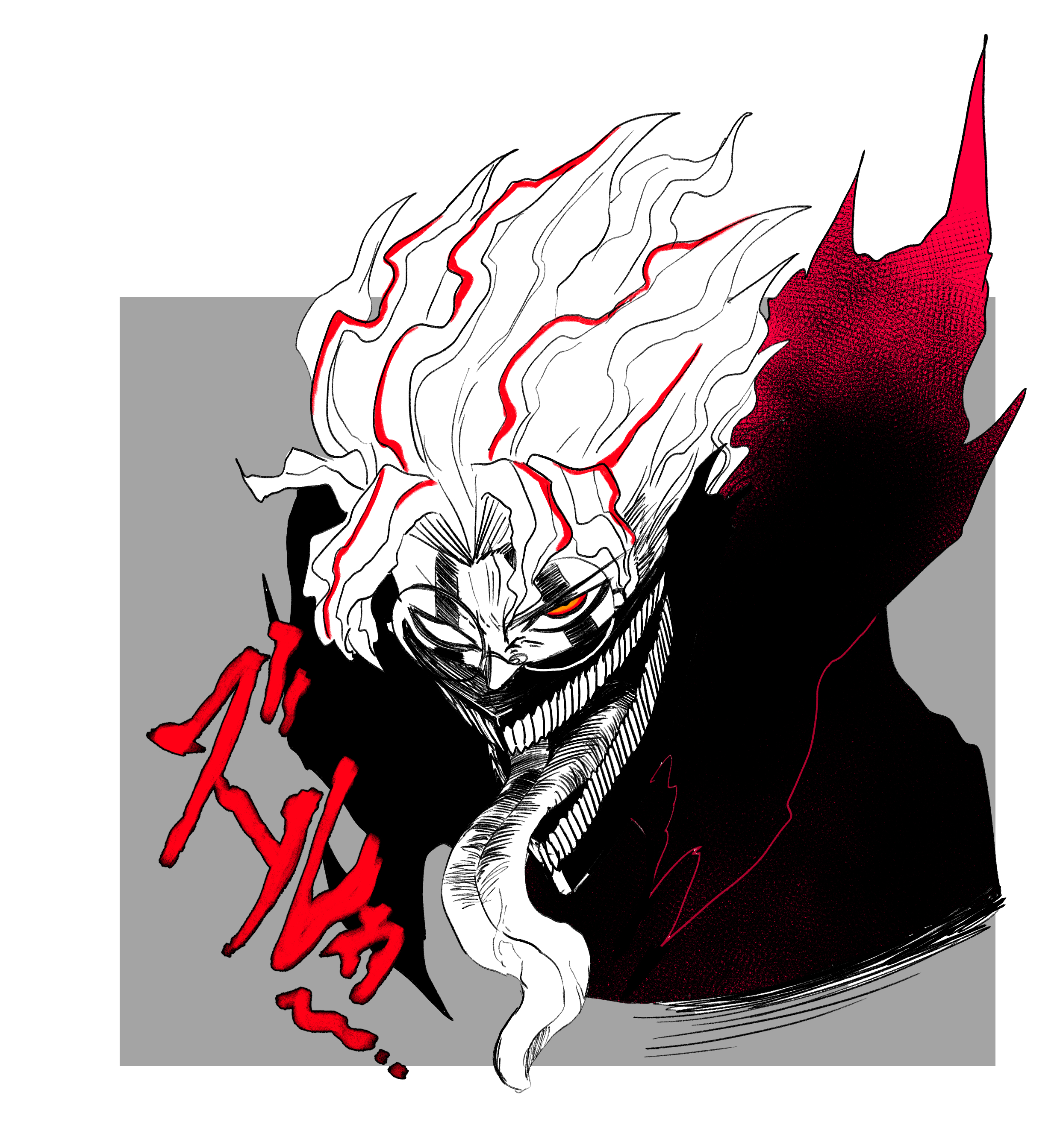 yuuri (fukuroudou), takakura ken (dandadan), takakura ken (transformed) (dandadan), dandadan, absurdres, commentary, highres, symbol-only commentary, 1boy, black jacket, border, cropped torso, facial mark, glasses, greyscale, jacket, long tongue, looking at viewer, male focus, mask, monochrome, mouth mask, multicolored hair, outside border, red eyes, red hair, round eyewear, short hair, solo, spot color, tongue, tongue out, transformation, two-tone hair, upper body, white border, white hair