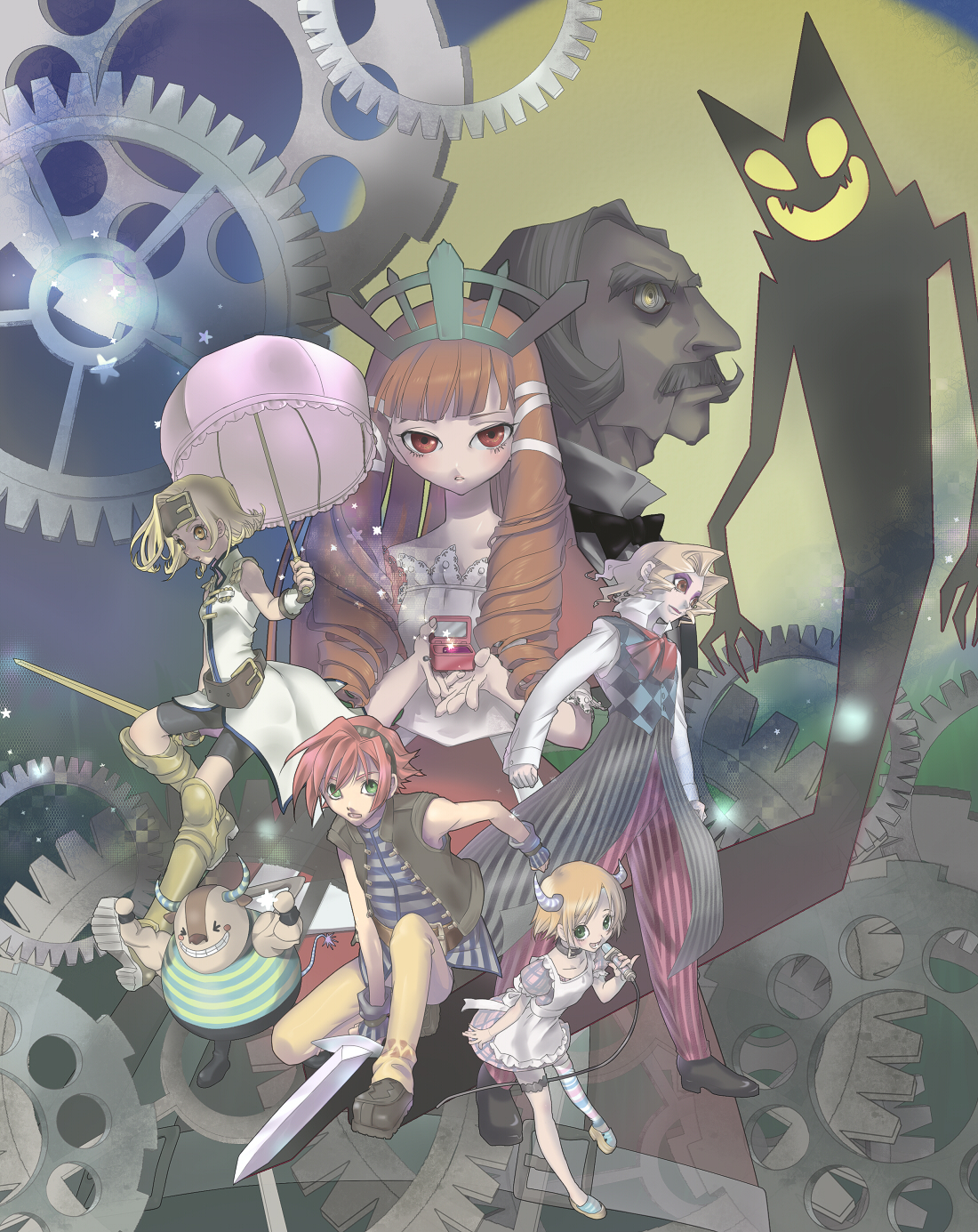 jorotama, big bull, big bull (boku to maou), epros, james (boku to maou), linda (boku to maou), lord stanley hihat trinidad xiv, princess marlene, rosaly, ruka (boku to maou), boku to maou, annotated, highres, 3girls, 5boys, apron, belt, blonde hair, drill hair, green eyes, horns, jacket, microphone, multiple boys, multiple girls, parasol, pink hair, rapier, red eyes, red hair, shadow, sleeveless, star (symbol), sword, thigh strap, tiara, umbrella, weapon, yellow eyes