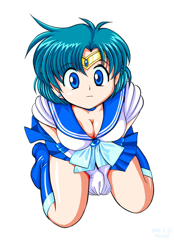 pirochi, mizuno ami, sailor mercury, bishoujo senshi sailor moon, 1990s (style), 1girl, blue boots, blue eyes, blue hair, blue sailor collar, blue skirt, boots, bow, breasts, cleavage, earrings, elbow gloves, female focus, gloves, jewelry, knee boots, kneeling, large breasts, magical girl, matching hair/eyes, retro artstyle, sailor collar, short hair, sitting, skirt, solo, tiara, wariza, white gloves