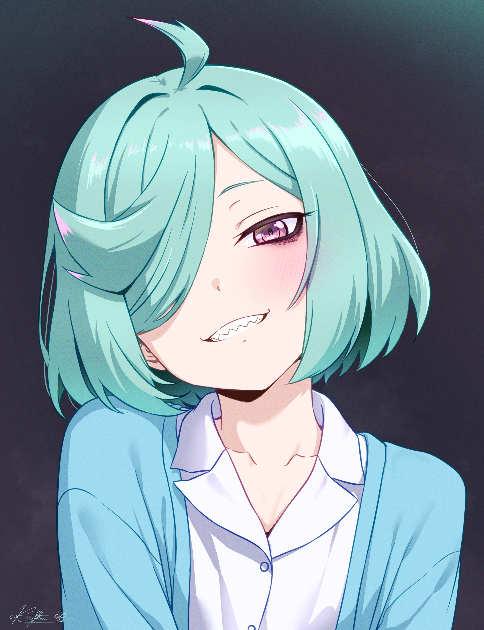 kafka963, anemo nemo, mahou shoujo ni akogarete, absurdres, commentary request, highres, 1girl, ahoge, aqua hair, blue coat, blush, coat, collarbone, collared shirt, dot nose, fang, grey background, hair over one eye, purple eyes, sharp teeth, shirt, short hair, signature, simple background, smile, solo, solo focus, teeth, white shirt
