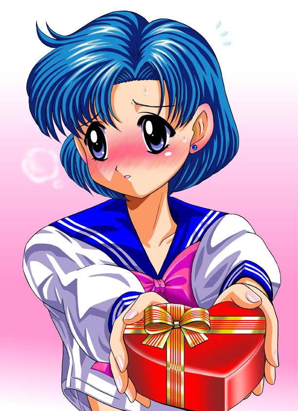pirochi, mizuno ami, bishoujo senshi sailor moon, 1990s (style), 1girl, blue eyes, blue hair, blue sailor collar, blush, bow, female focus, gift, holding, holding gift, retro artstyle, sailor collar, school uniform, short hair, solo, sweatdrop, valentine