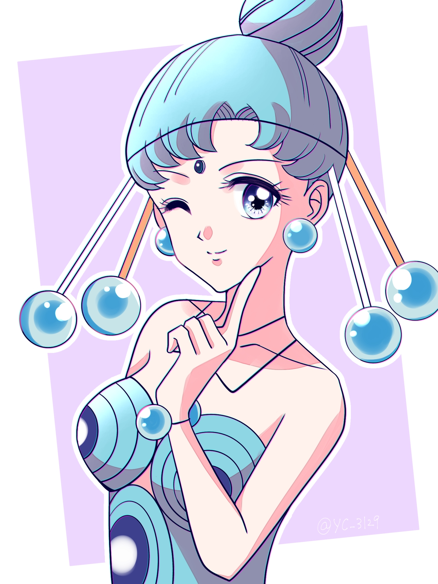 y-yazaki2406, pallapalla (sailor moon), bishoujo senshi sailor moon, highres, 1girl, blue dress, blue eyes, blue hair, dress, earrings, forehead jewel, hair bun, jewelry, one eye closed, parted bangs, short hair, smile, solo, sphere earrings