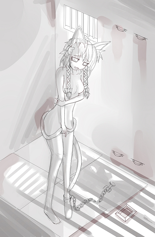 yamitsuki (artist), kaenbyou rin, yamitsuki, touhou, 1girl, animal ears, bdsm, bondage, bound, braid, cat ears, cat girl, cat tail, chain, covering privates, female focus, greyscale, monochrome, nude, nude cover, sketch, solo, tail, twin braids