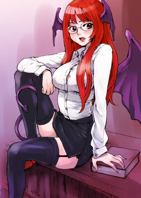 kuma (artist), kuma (crimsonvanilla), koakuma, embodiment of scarlet devil, touhou, 1girl, bat wings, bespectacled, demon tail, female focus, garter belt, glasses, head wings, miniskirt, pencil skirt, red eyes, red hair, sitting, skirt, solo, tail, thighhighs, wings, zettai ryouiki