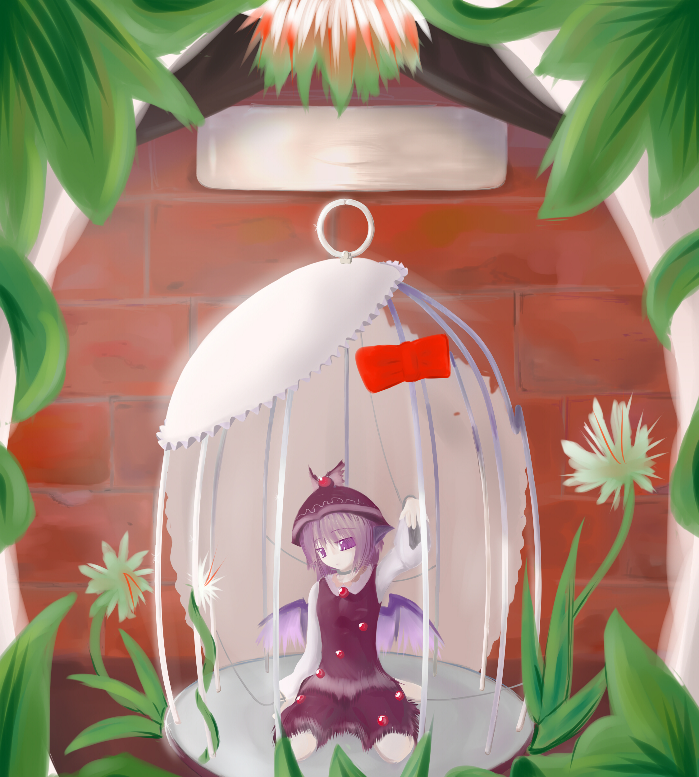 yamitsuki (artist), mystia lorelei, yamitsuki, touhou, absurdres, bad id, bad pixiv id, highres, 1girl, animal ears, bdsm, birdcage, bondage, bound, cage, female focus, flower, hat, in cage, mini person, minigirl, solo, wings