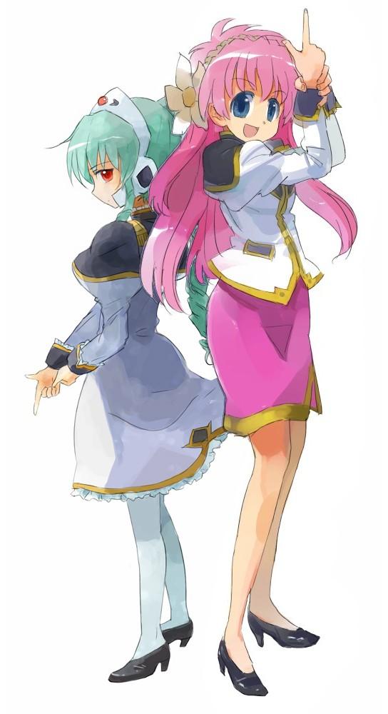 asasow, milfeulle sakuraba, vanilla h, galaxy angel, 00s, 2girls, blue eyes, flower, green hair, hairband, high heels, long hair, multiple girls, pantyhose, pencil skirt, pink hair, red eyes, shoes, skirt, white pantyhose