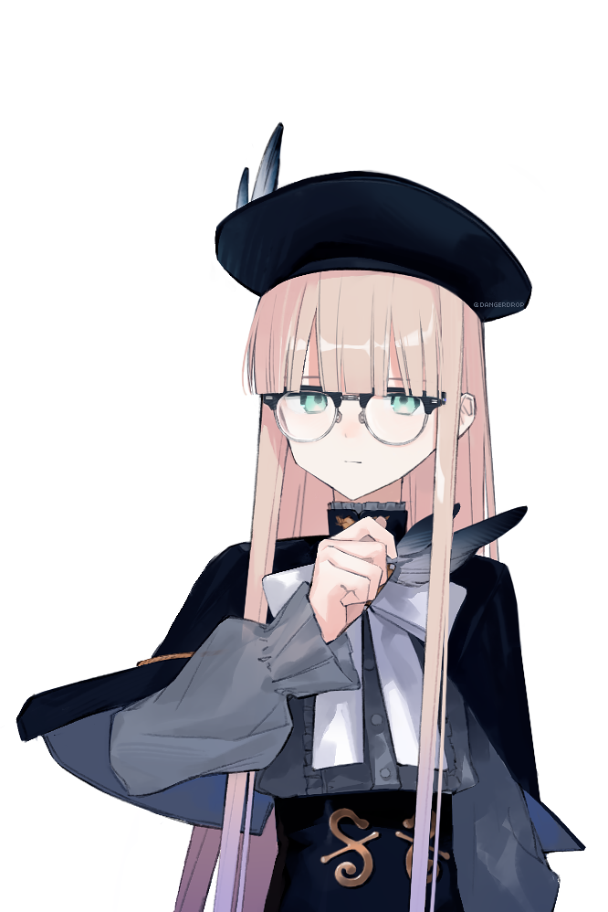 astg, fate/grand order, fate/grand order arcade, fate (series), commentary, 1boy, beret, black-framed eyewear, black capelet, black hat, black skirt, blue eyes, bow, brown hair, capelet, center frills, closed mouth, crossdressing, crossdressing (mtf), frills, glasses, grey feathers, grey shirt, hat, high-waist skirt, holding, long hair, long sleeves, looking at viewer, male focus, nemo (fate/grand order arcade), noah (second ascension) (fate/grand order), over-rim eyewear, puffy long sleeves, puffy sleeves, semi-rimless eyewear, shirt, simple background, skirt, solo, upper body, very long hair, white background, white bow