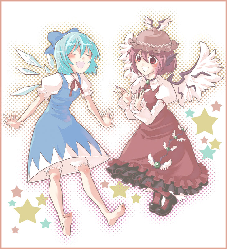ibuki hasu, cirno, mystia lorelei, touhou, 2girls, blue hair, brown hair, female focus, multiple girls, music, singing, wings