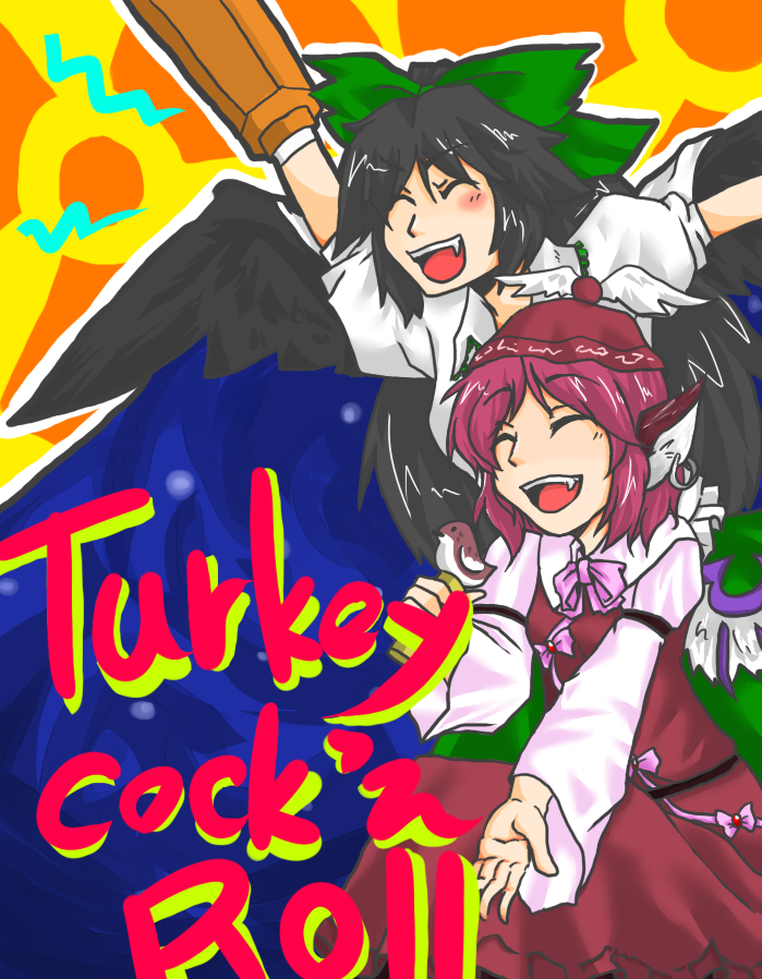 kami nimo, mystia lorelei, reiuji utsuho, touhou, 2girls, arm cannon, bird, bird on hand, english text, fang, female focus, multiple girls, weapon, wings