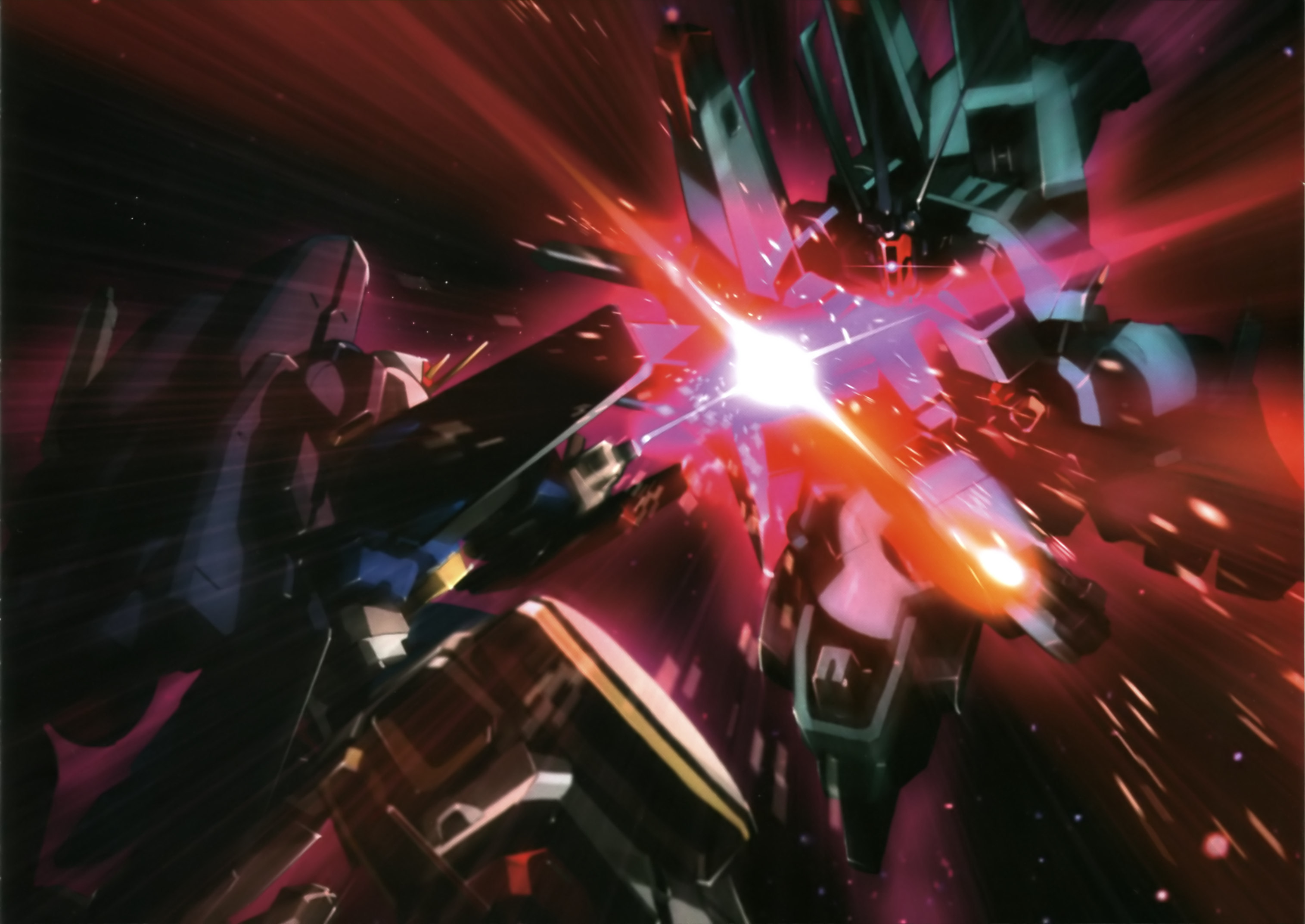 doven wolf, zz gundam, gundam, gundam zz, artist request, highres, official art, aeug, battle, crossed swords, duel, energy, energy beam, energy sword, glowing, gundam perfect file, lens flare, machinery, mecha, mecha focus, mobile suit, motion blur, motion lines, neo zeon, no humans, one-eyed, realistic, robot, scene reference, science fiction, space, star (sky), sword, weapon, zero gravity