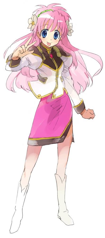 asasow, milfeulle sakuraba, galaxy angel, jpeg artifacts, 00s, 1girl, blue eyes, female focus, flower, hairband, long hair, pencil skirt, pink hair, sketch, skirt, solo, tongue